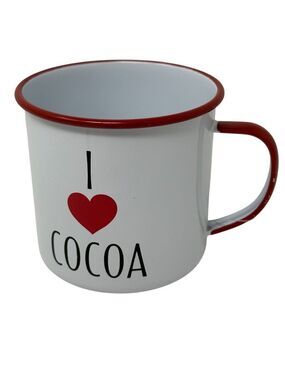 Sleigh Bell Bistro I Love Cocoa Metal Mug Red Rim White Enamel Cup 20 oz Holiday